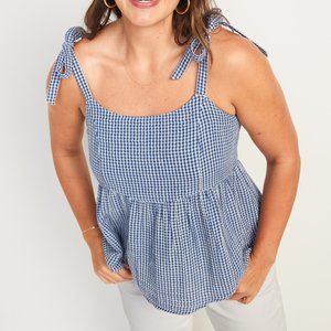 NWT Tie-Shoulder Smocked Gingham Cami Babydoll Swing Blouse, Size L